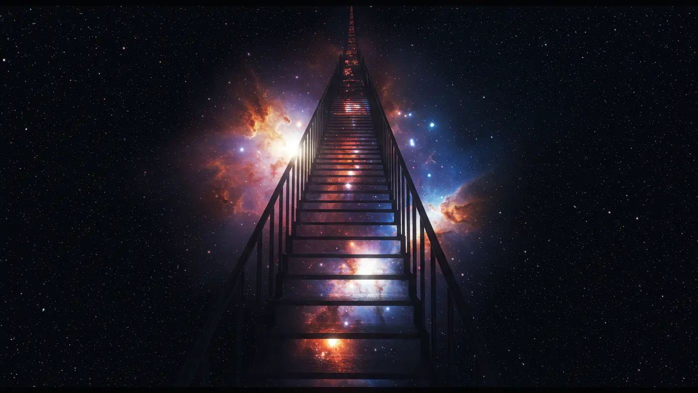 Stairway to the Galaxy with Cosmic Nebula Background