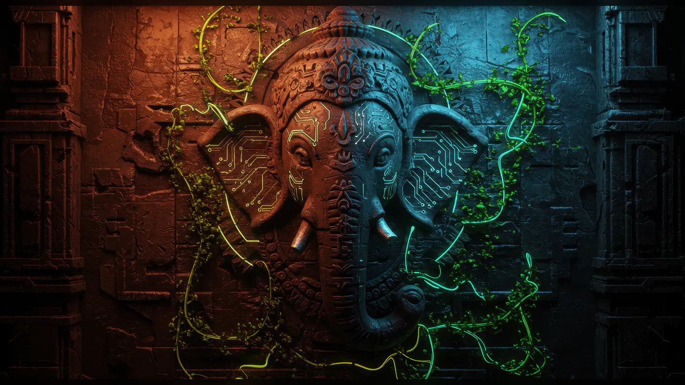Futuristic Lord Ganesha Sculpture with Circuit Patterns and Neon Vines