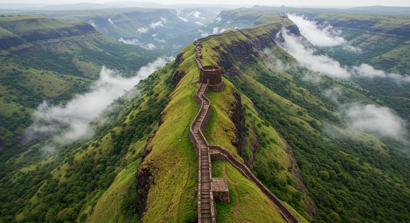Misty Indian Fort Walkway Over Lush Green Hills