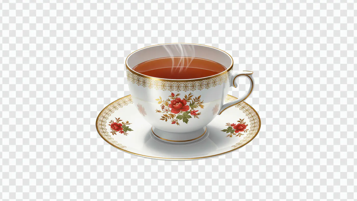 Classic Red Rose Tea Cup PNG – Vintage China with Gold Trim and Saucer