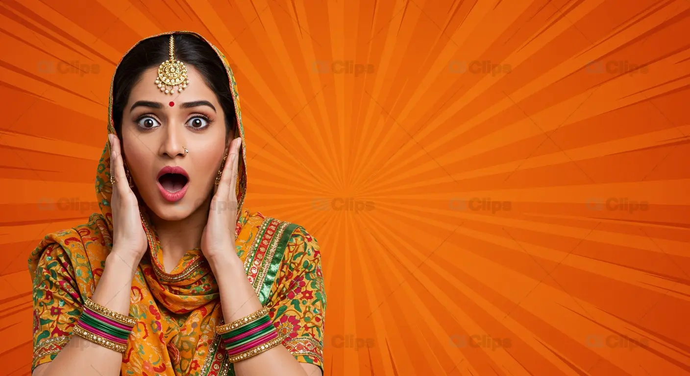 Surprised  Woman in Traditional Attire with Comic-Style Background