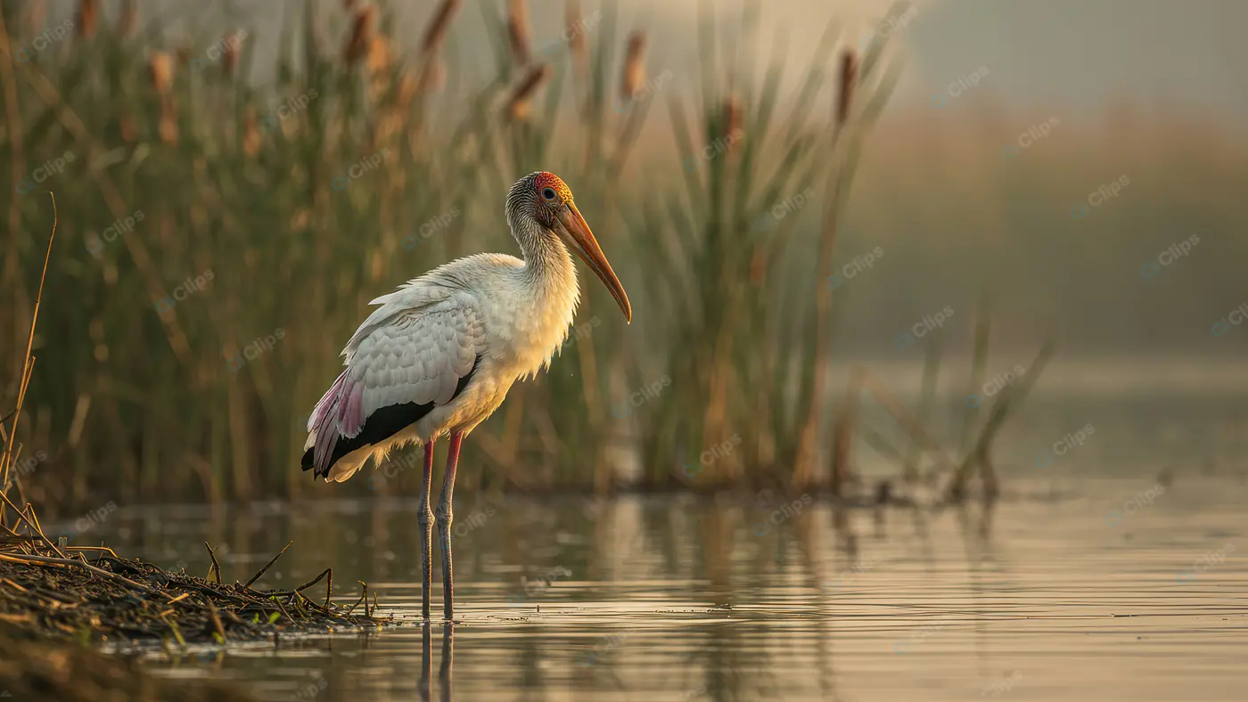 Painted Stork Standing in Wetland During Golden Hour Light