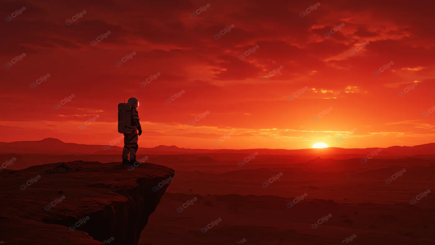 Astronaut Watching Alien Sunset from Cliff Edge