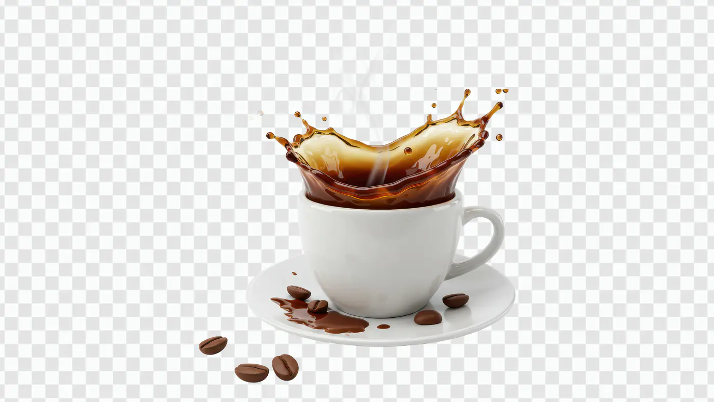 Coffee Splash in White Cup PNG – Transparent Beverage Spill with Coffee Beans
