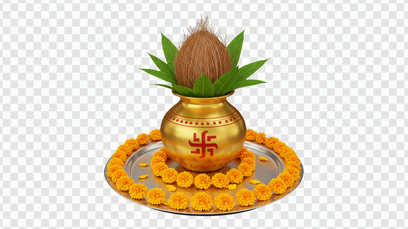 Kalash PNG with Coconut, Mango Leaves, and Marigold Garland for Hindu Festivals