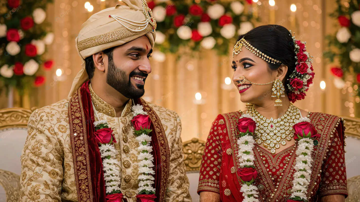 Traditional Indian Bride and Groom Smiling During Wedding