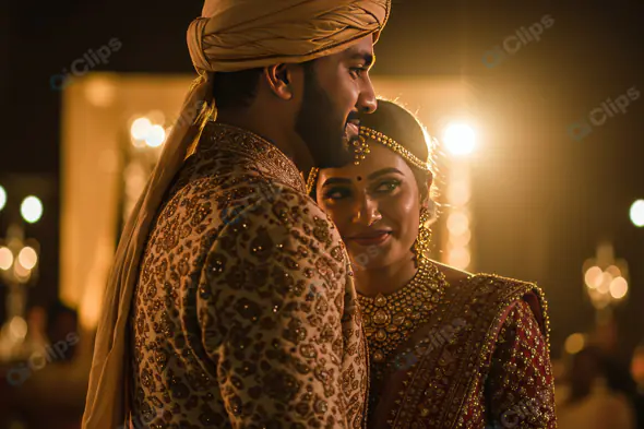 Romantic Indian Couple Embracing During Golden Hour Wedding Reception
