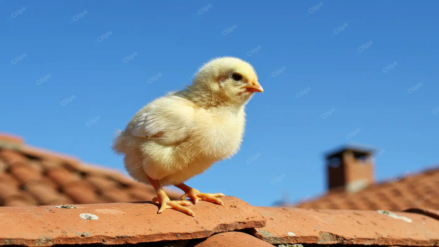 Cute Yellow Chick Standing on Tiled Roof under Clear Blue Sky