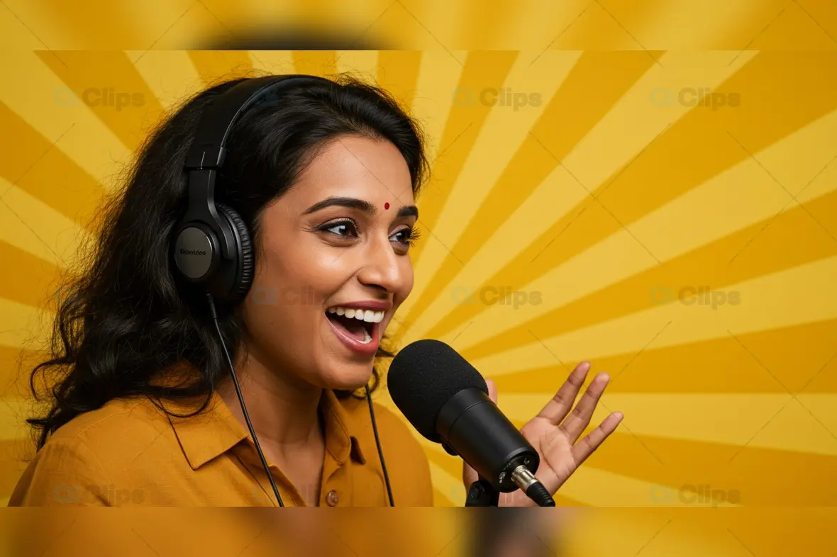 Smiling Indian Woman Podcasting with Headphones and Microphone