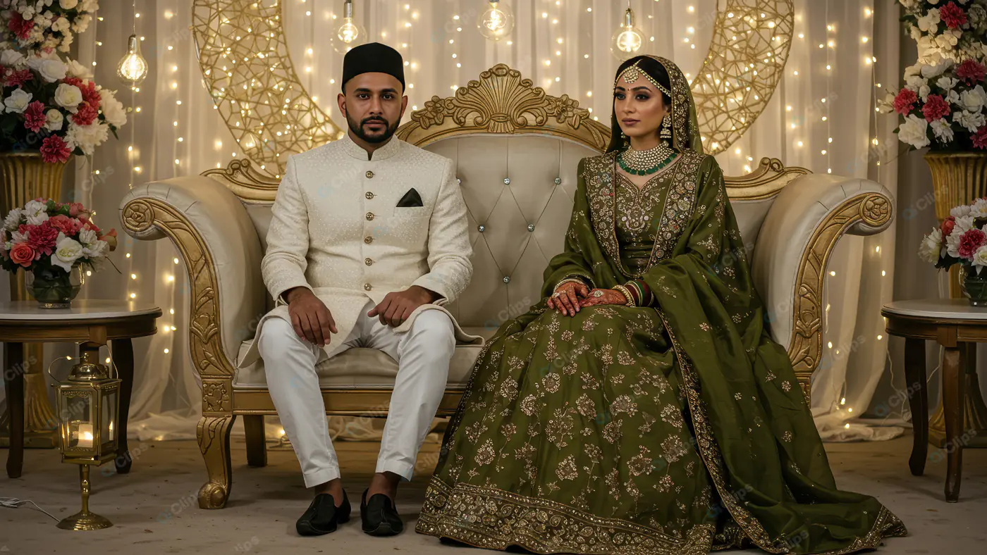 Elegant Indian Muslim Couple Posing on Wedding Stage