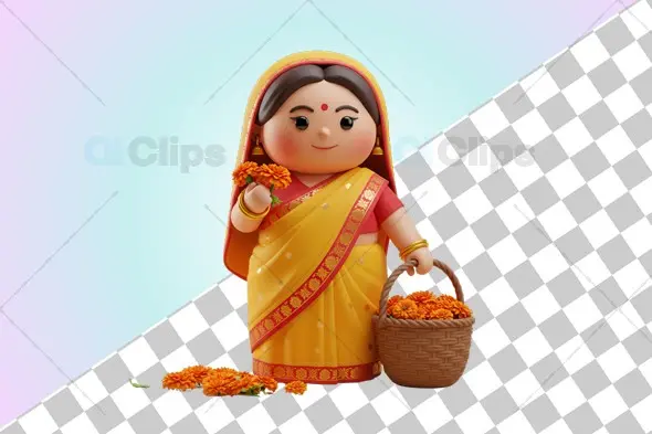 Traditional Indian Woman 3D Illustration with Marigold Flowers