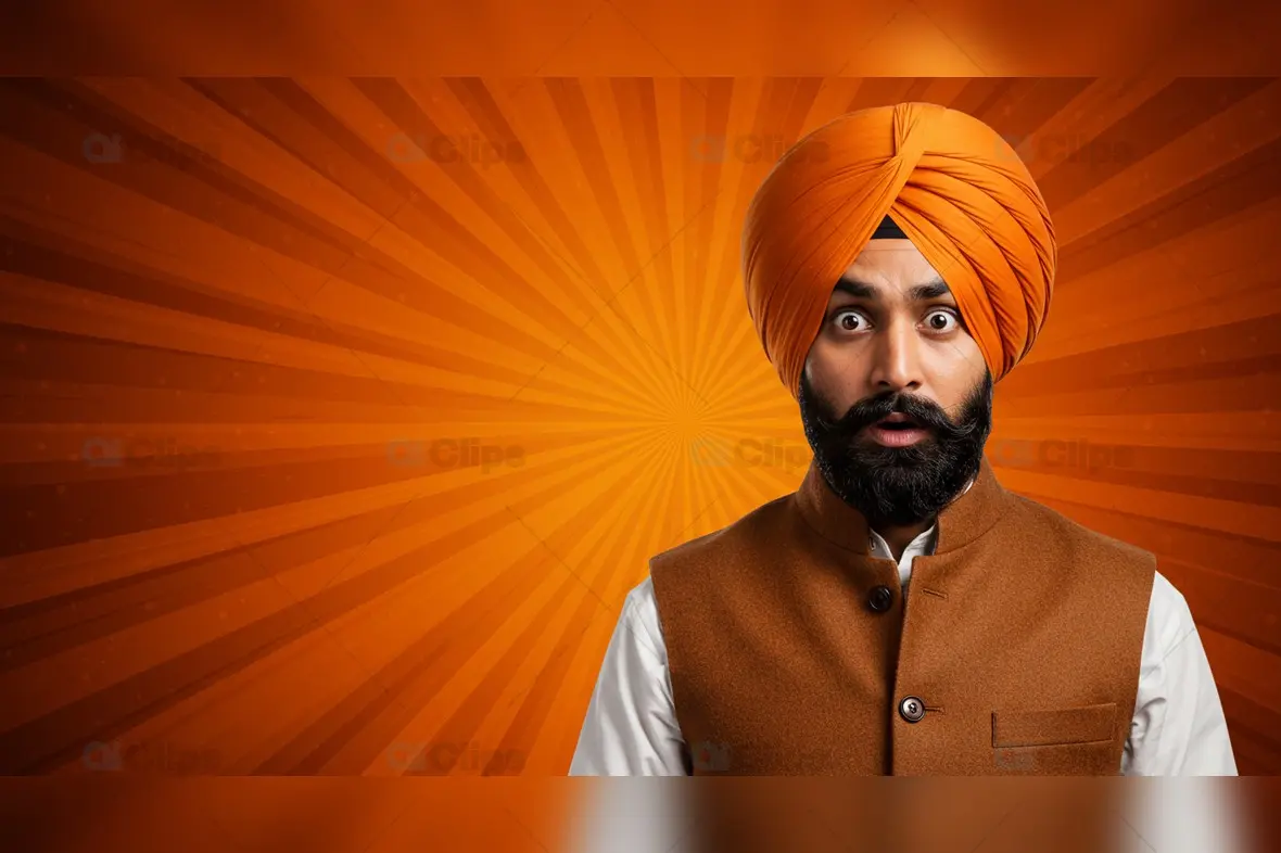 Surprised Sikh Man in Traditional Attire with Comic-Style Background