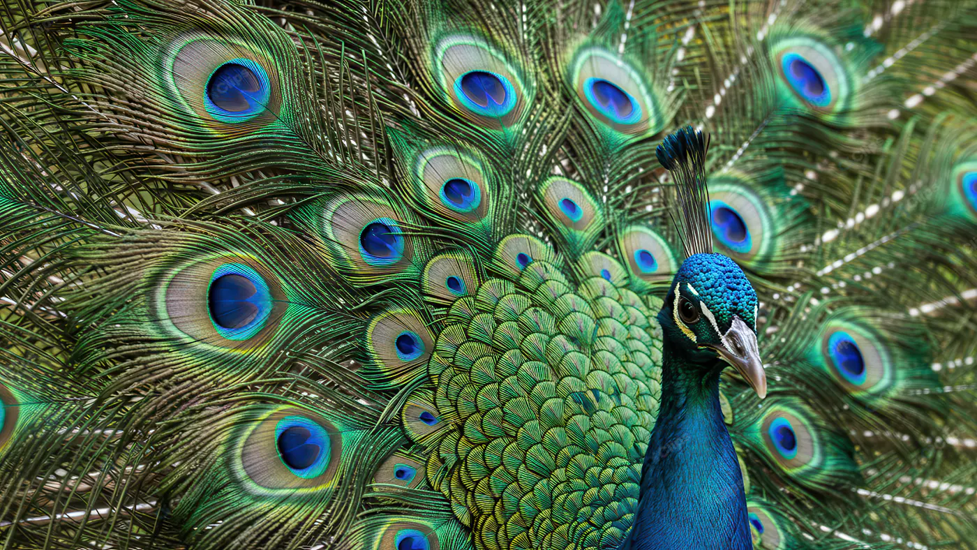Majestic Indian Peacock with Fully Spread Iridescent Feathers in Close-Up