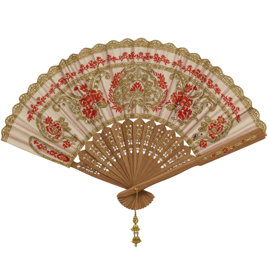 Ornate Indian Hand Fan PNG – Red and Gold Embroidery with Transparent Background