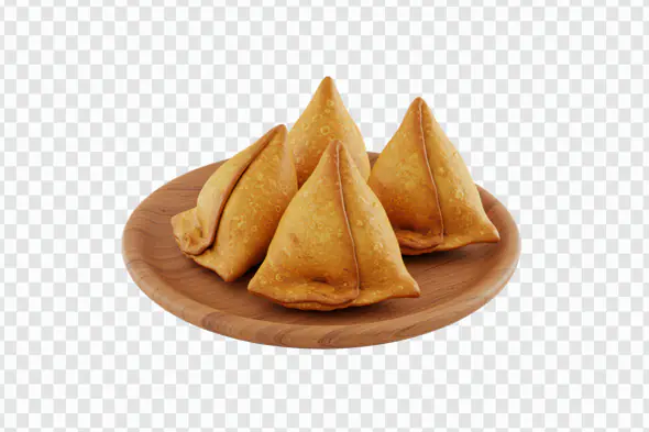 Indian Samosa PNG with 4 Pieces on Wooden Plate – Authentic Snack Visual
