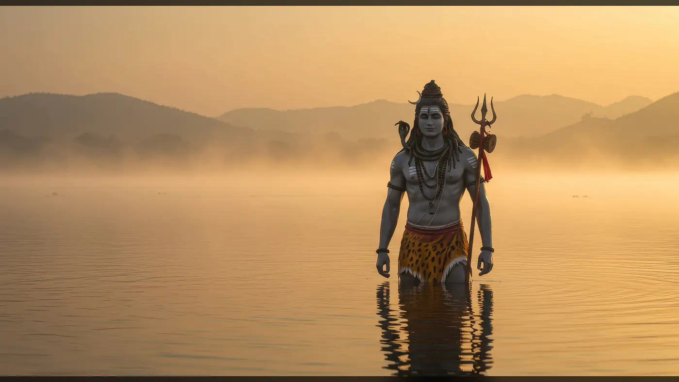 Lord Shiva Emerging from River at Sunrise with Trishul and Serpent