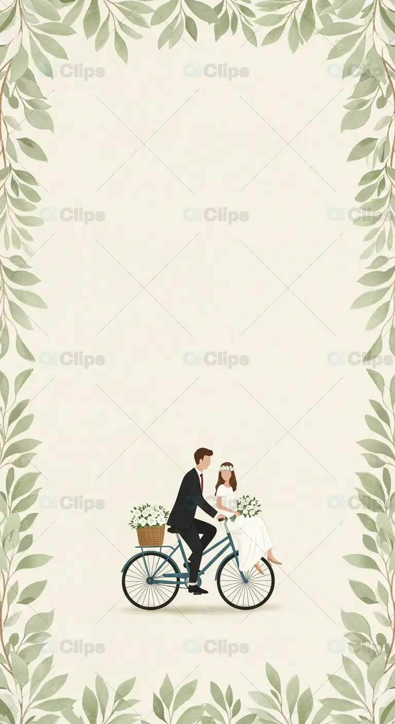 Wedding Invitation with Bicycle Couple and Green Leaf Border