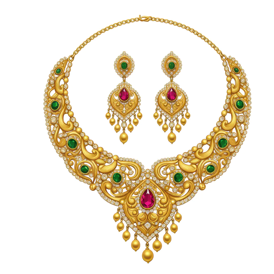 Indian Gold Necklace and Earrings PNG – Bridal Jewelry with Emerald & Ruby Stones
