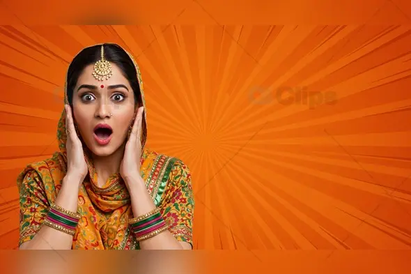 Surprised  Woman in Traditional Attire with Comic-Style Background