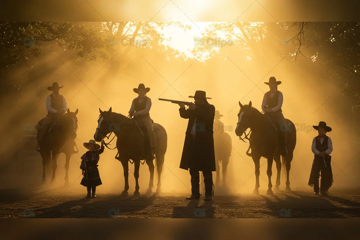 Silhouetted Cowboys at Golden Sunset with Dramatic Light Rays