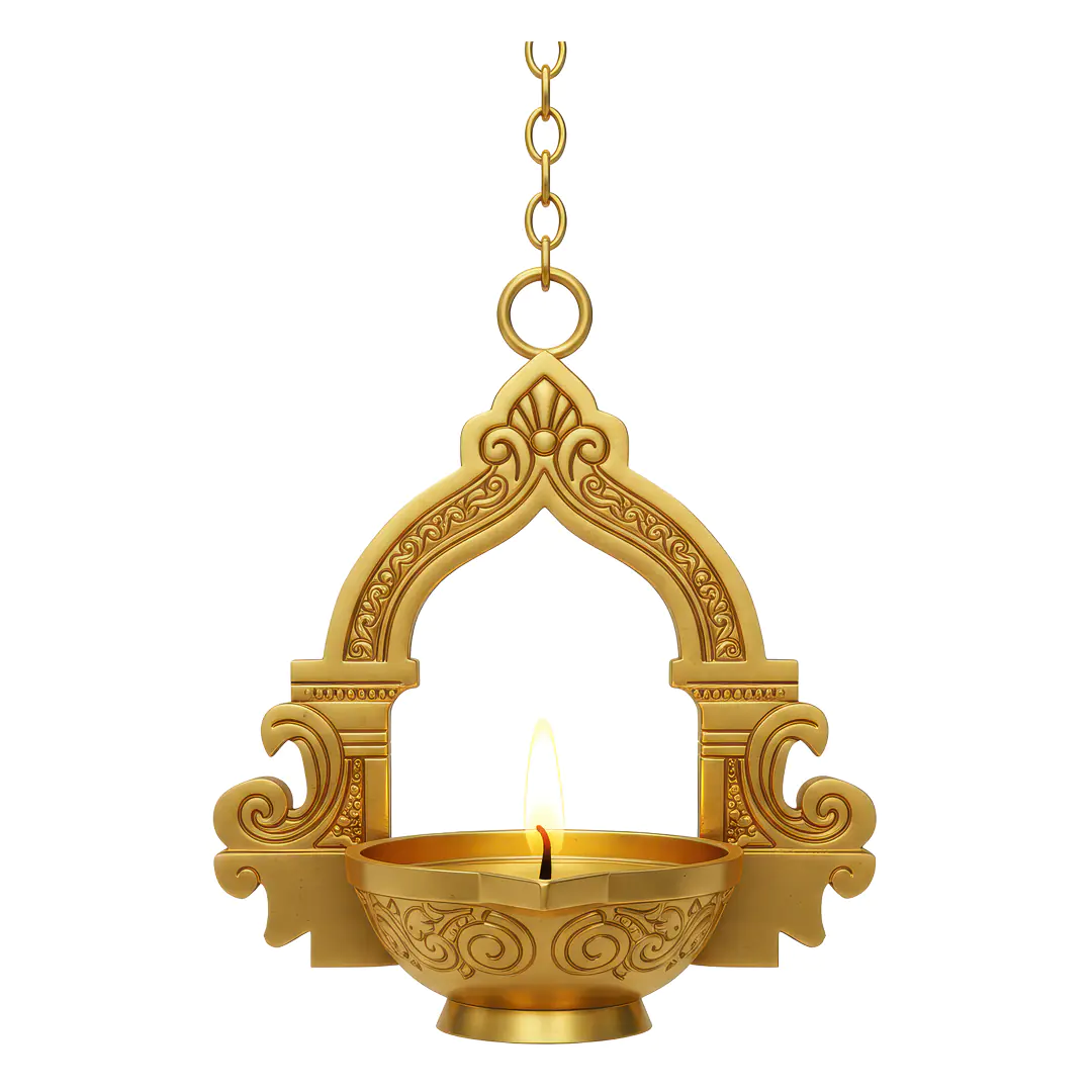 Traditional Brass Hanging Diya with Temple Arch Frame – Indian Festival PNG