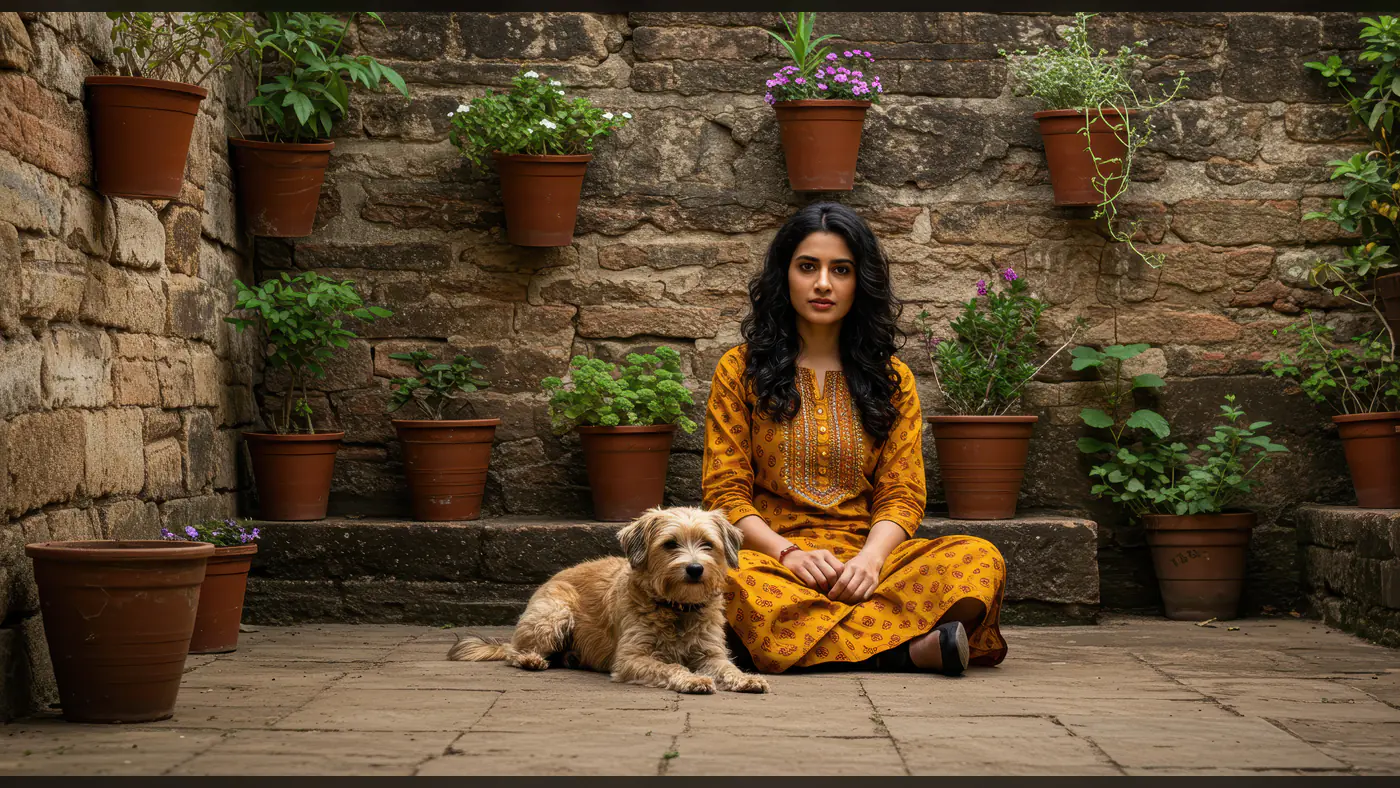 Young Indian Woman Sitting with Dog in Rustic Courtyard Garden