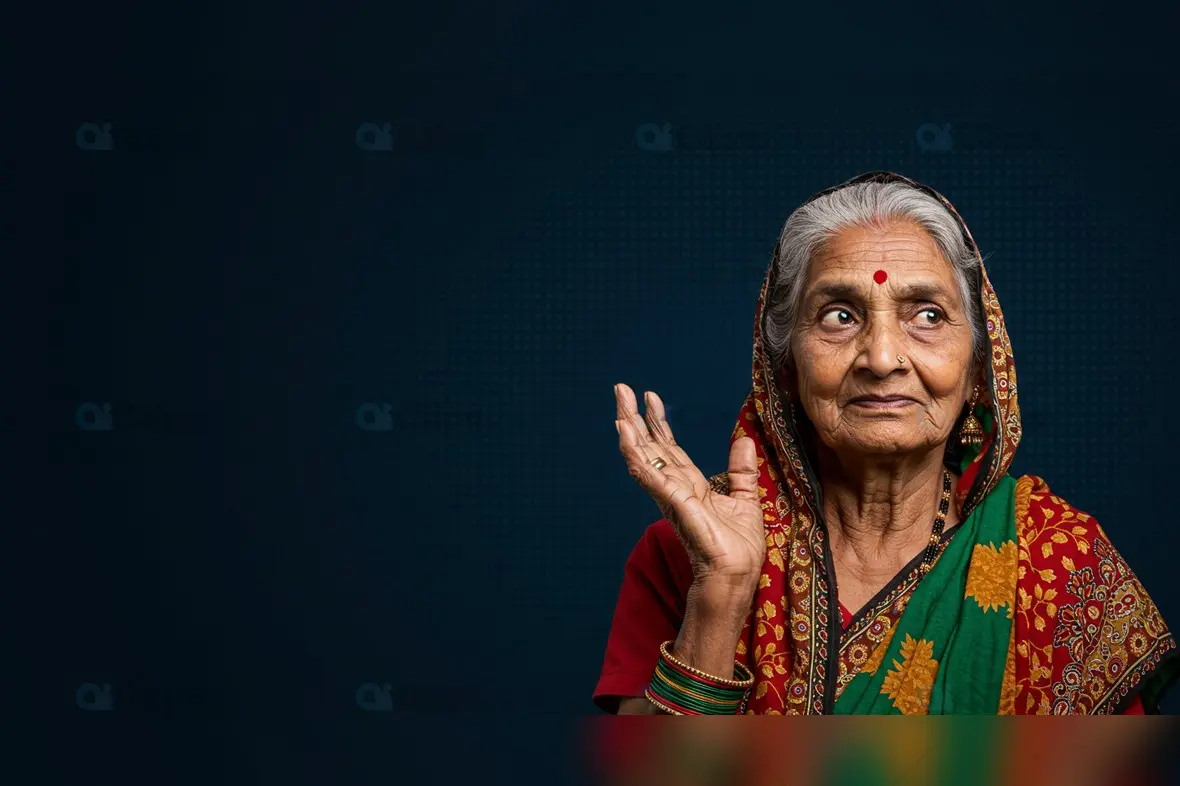 Elderly Indian Woman in Traditional Saree with Expressive Look