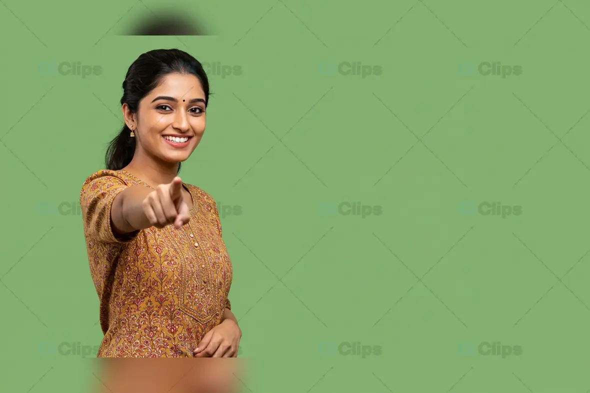 Young Woman with a Smile Pointing on a Bold Green Background