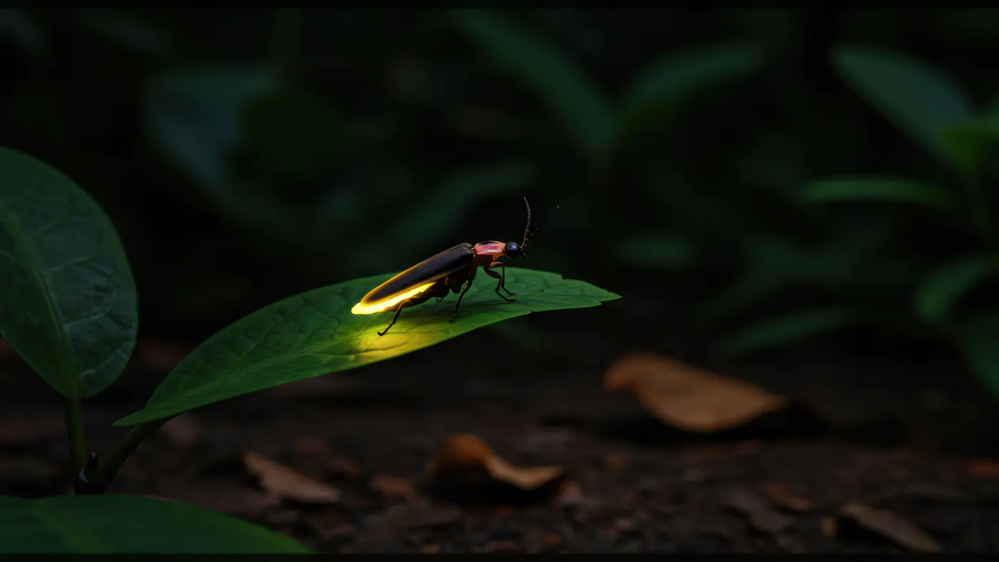 Glowing Firefly on Green Leaf at Night in Forest