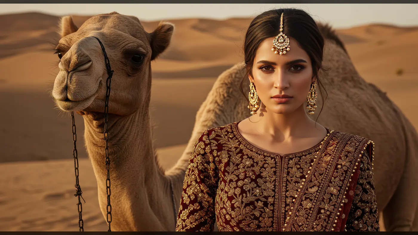 Elegant Indian Woman in Maroon Lehenga with Camel in Desert Setting