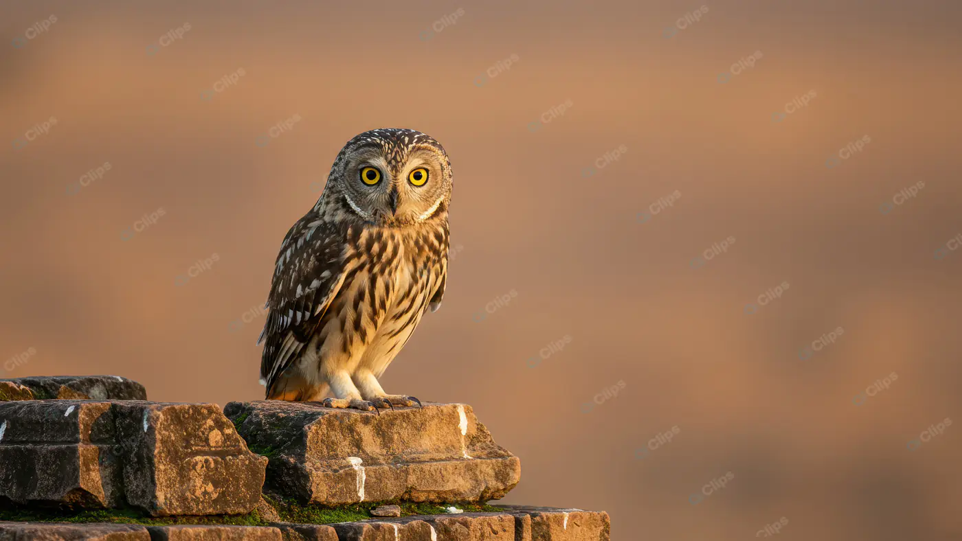 Wise Owl Sitting on Ancient Stone Ruins at Sunset