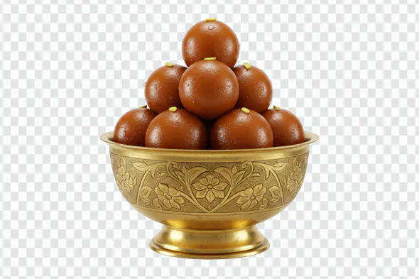 Laddu PNG in Golden Bowl – Indian Sweet Transparent Clipart