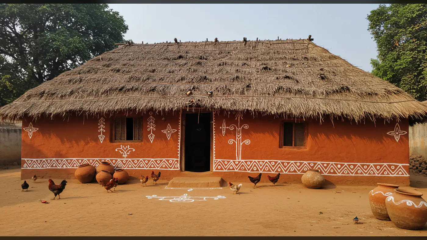Colorful Indian Tribal Mud House with White Wall Art and Village Chickens