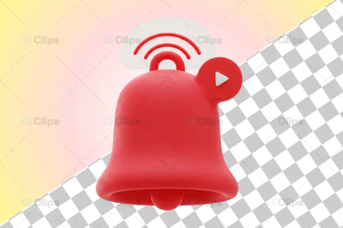 3D Red Bell Notification with Alert and Play Symbol