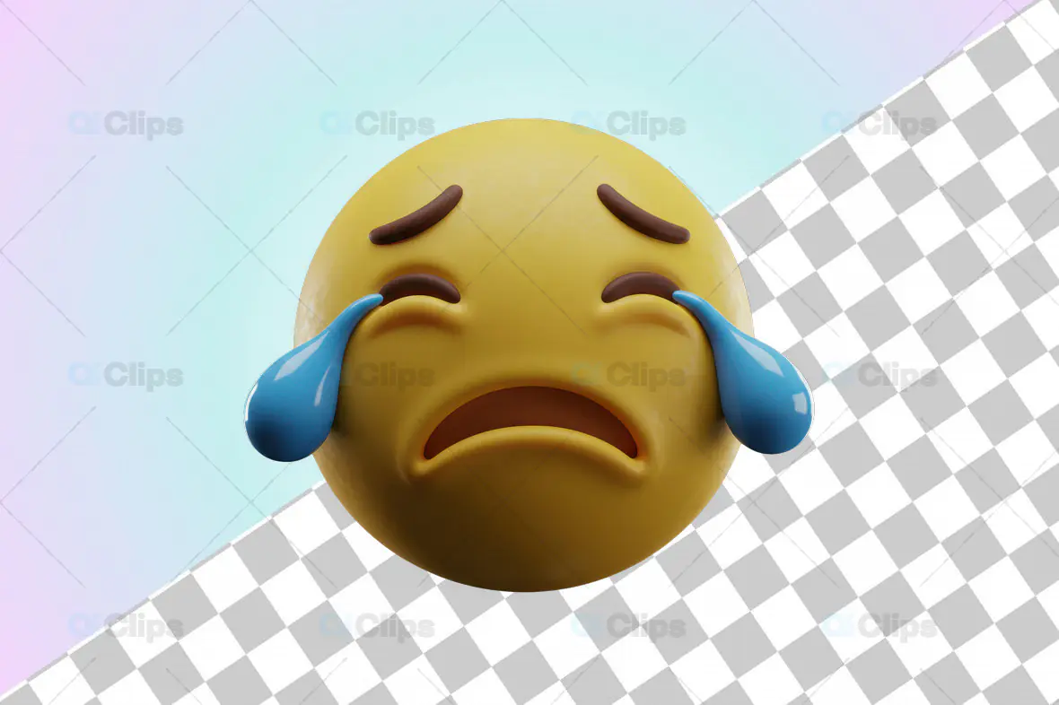 3D Crying Emoji with Large Teardrops and Transparent Background
