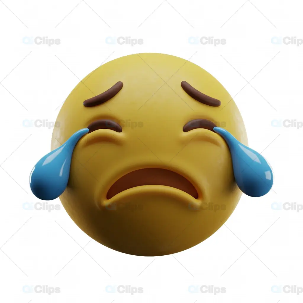 3D Crying Emoji with Large Teardrops and Transparent Background