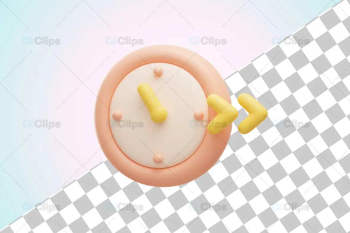 3D Beige Clock Icon with Yellow Arrow