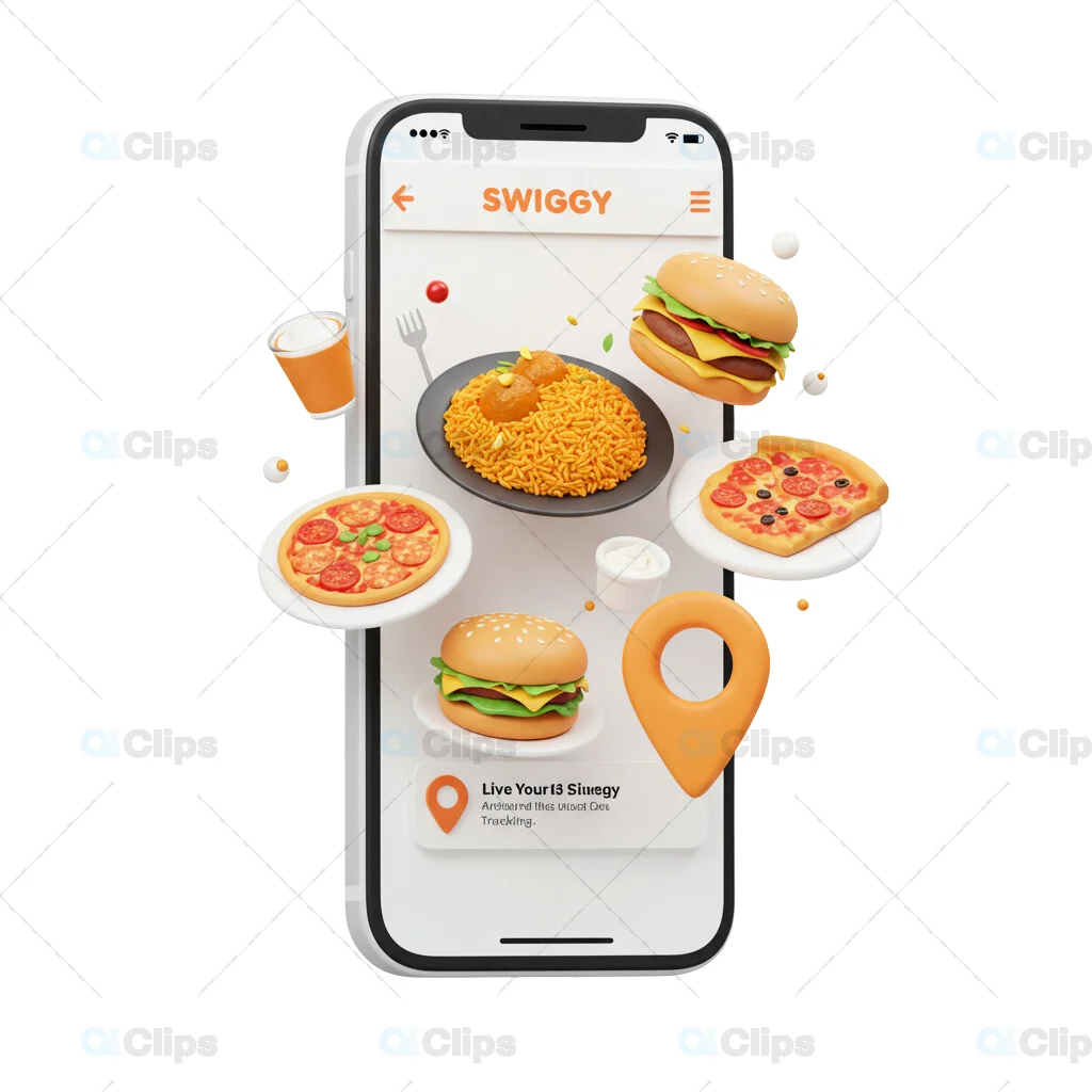 Swiggy-Themed Mobile Food Ordering 3D Illustration