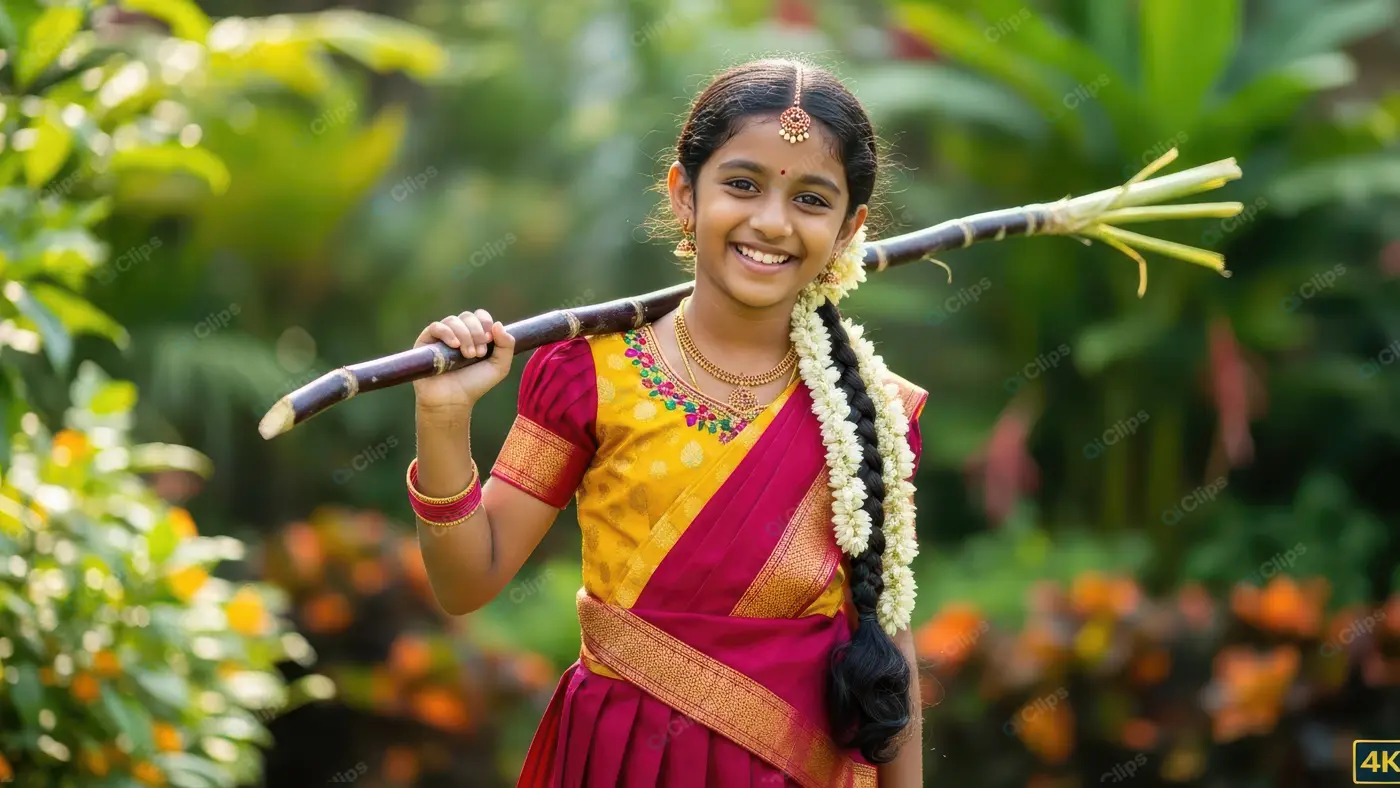 Smiling Indian Girl with Sugarcane