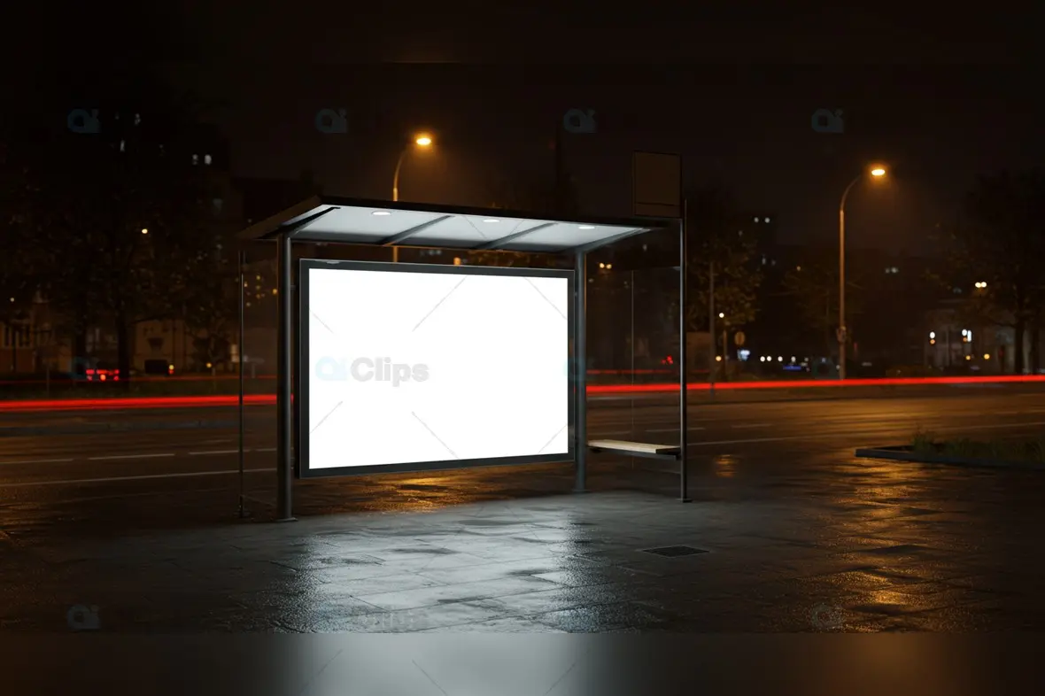 Blank Bus Stop Billboard Mockup at Night