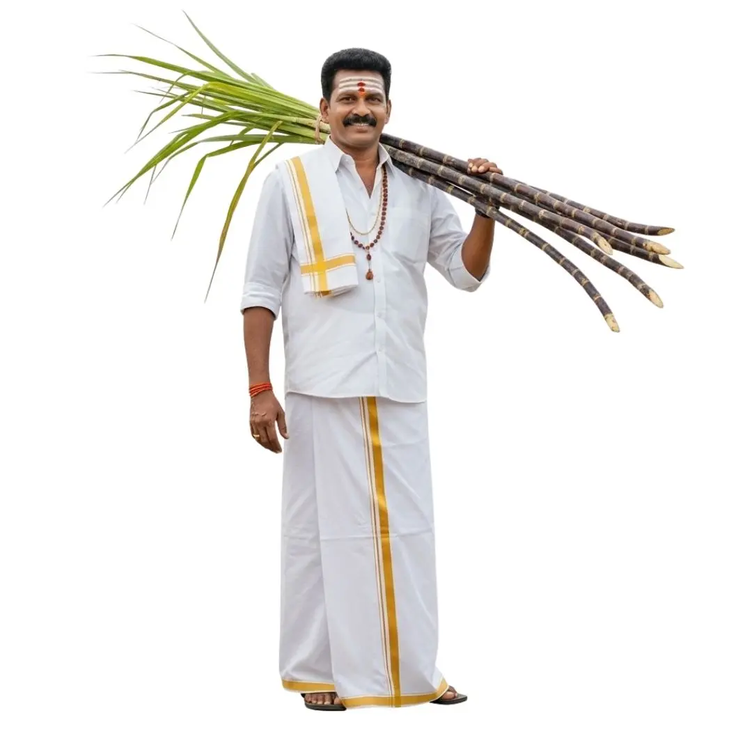 South Indian Farmer Holding Sugarcane for Pongal PNG