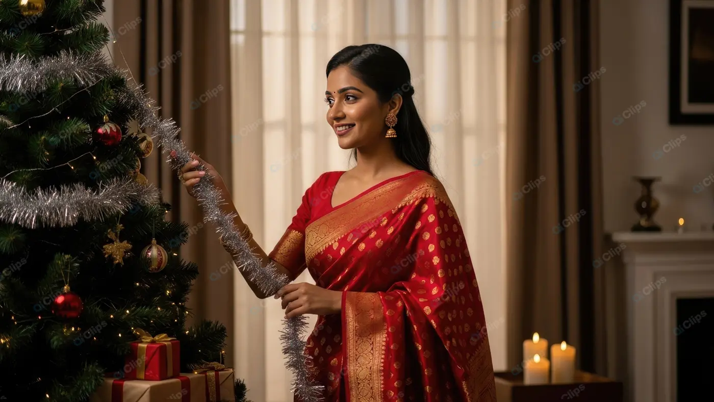 Elegant Indian Woman Celebrating Christmas