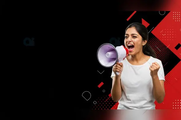Indian Woman Shouting Through Megaphone on Bold Black and Red Background