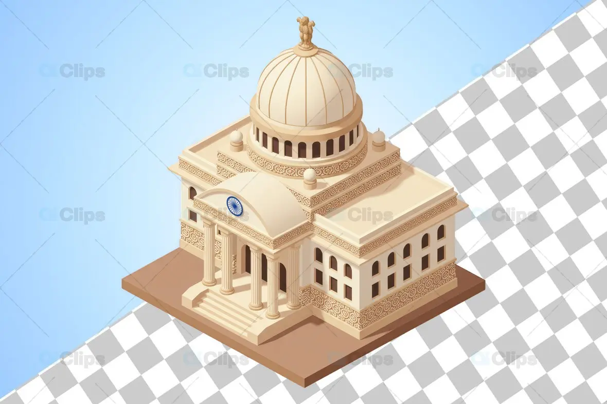 Isometric Indian Government Building with Ornate Dome and Ashoka Symbol