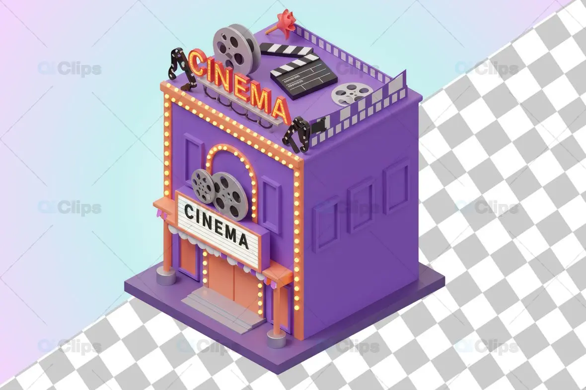 Isometric 3D Cinema Building with Movie Elements