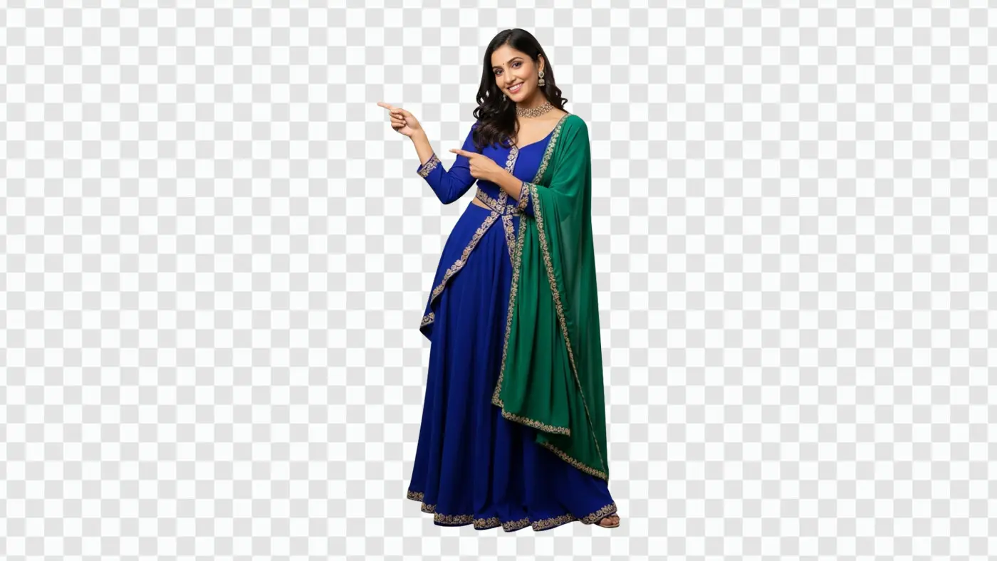Smiling Indian Woman in Traditional Outfit Pointing PNG Clipart