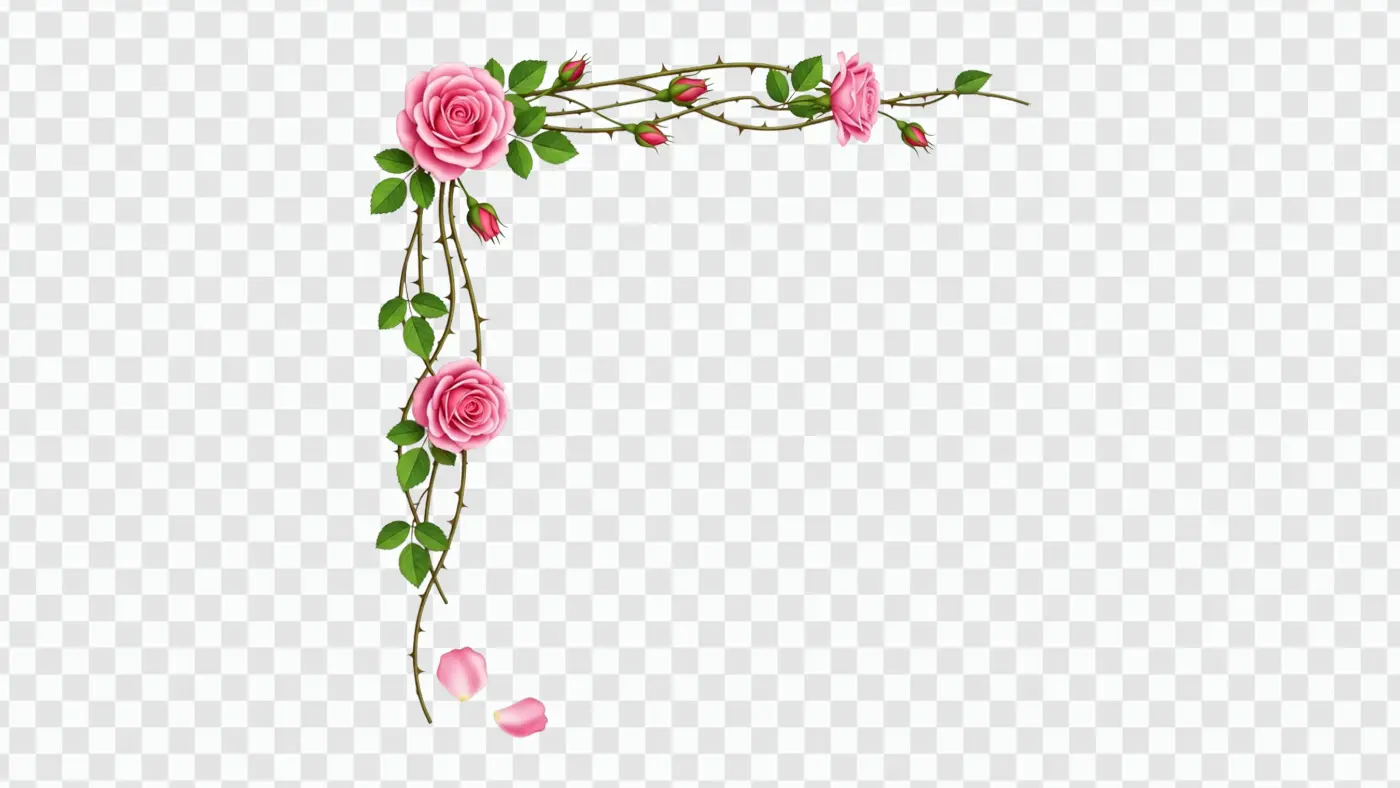 Thorny Pink Rose Vine Floral Corner Element Clipart