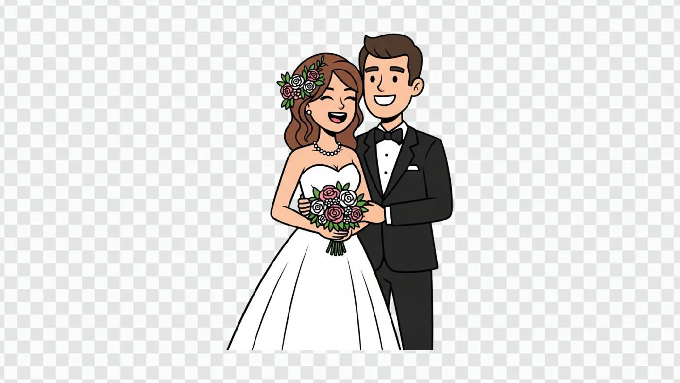 Joyful Bride and Groom Cartoon Wedding Portrait Clipart