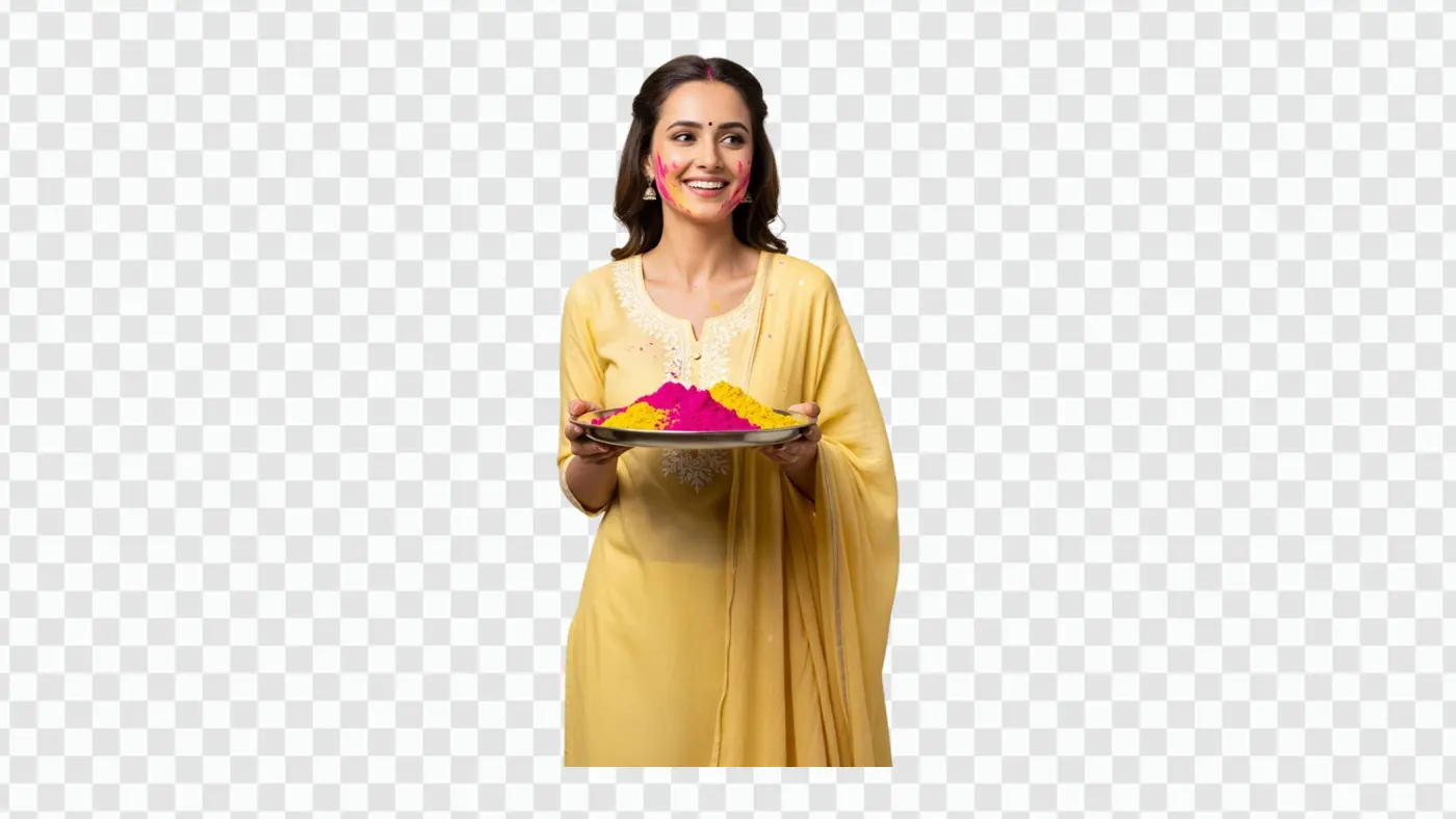 Smiling Indian Woman Holding Holi Colors Plate PNG