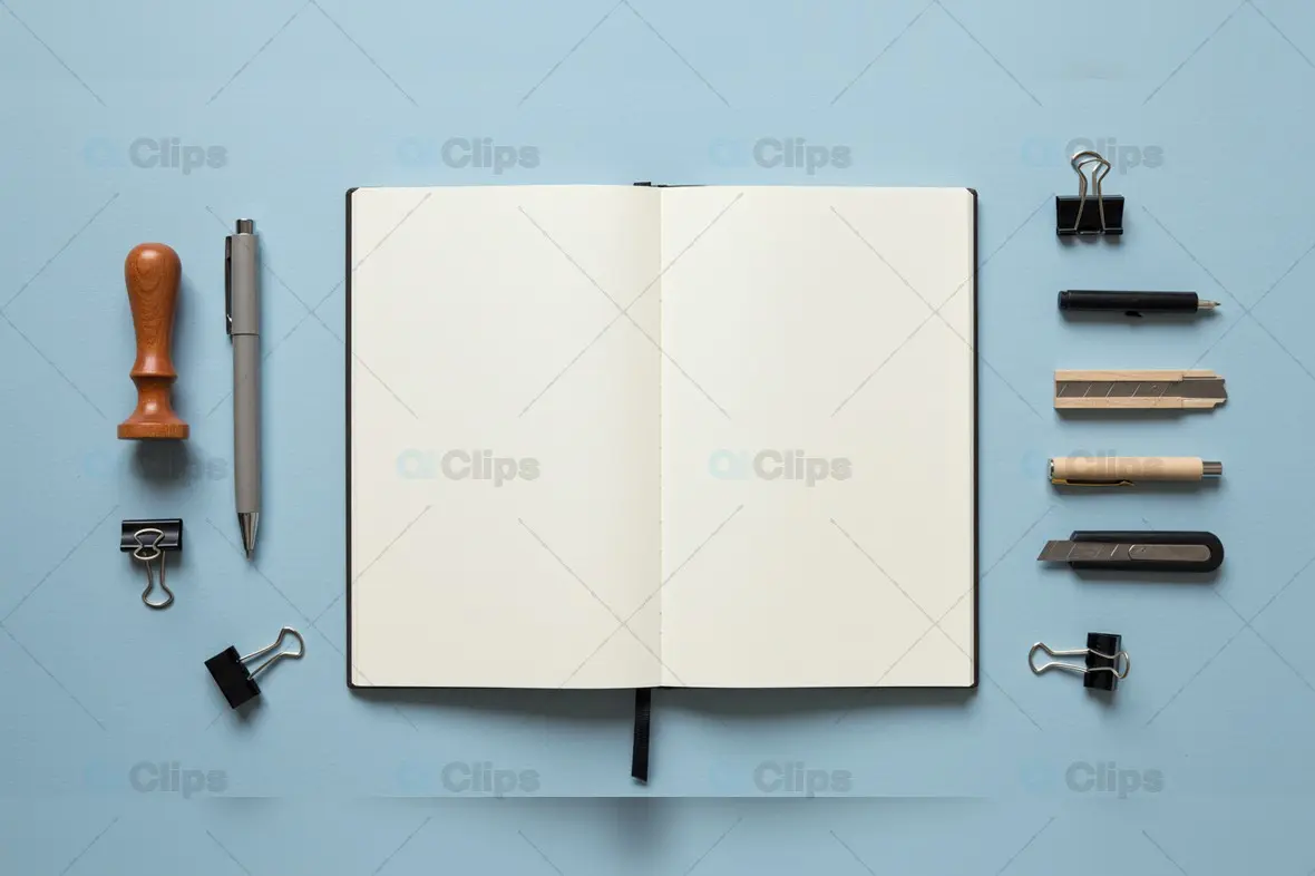 Open Notebook with Office Supplies on Blue Background